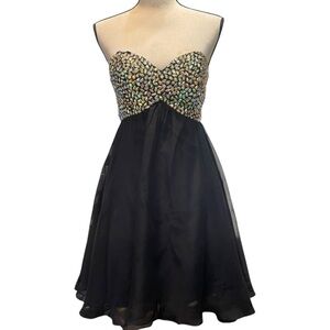 Vintage May Queen Sparkle Rhinestone & Black Sweetheart Mini Event Dress Size 6